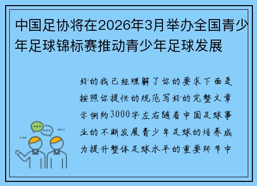 中国足协将在2026年3月举办全国青少年足球锦标赛推动青少年足球发展