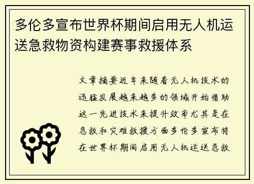 多伦多宣布世界杯期间启用无人机运送急救物资构建赛事救援体系